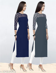 Pack of 1 Casual American Crepe And Net Round-Neck 3/4 Length Sleeves Navy Blue & Grey Kurti (42"Inches)