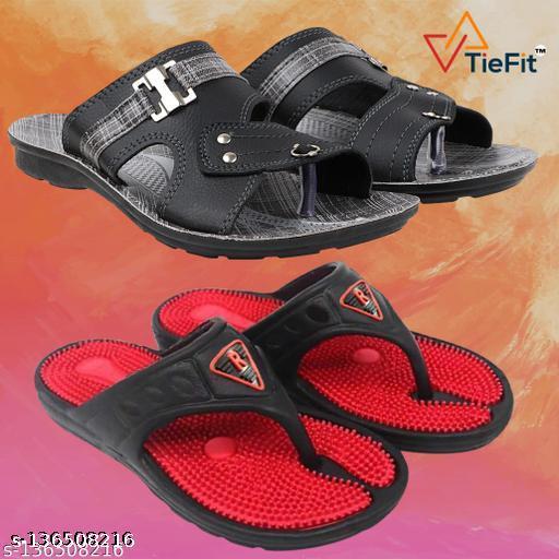 TieFit Men's Accupressure Non-Slip Slippers & TieFit Men's Thong Slipper Combo Pair Of 2