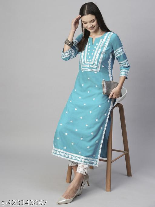 J.B.SQUARE's  Women's Sky Blue Cotton Slub Straight Chikankari Embroidered Kurta