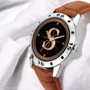 Welix Analog Round Black Dial ALPHABET S Design Stylish Beige Leather Strap Classic Design Fancy Wrist Watch for Men and Boys, Pack of 1 - ALPHA-S-AVO-SIL-TAN-CRL