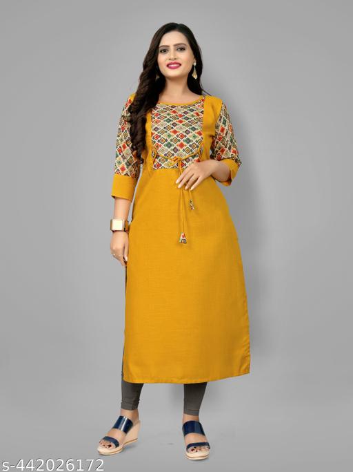 Women's Yellow Printed Plus Size Cotton Kurti