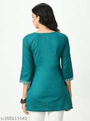 Womens Blue Cotton Embroidered Short Kurti