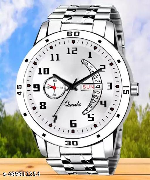 White dial day and date function working analog sports watch for mens and boys(metal belt day and date watch for mens)