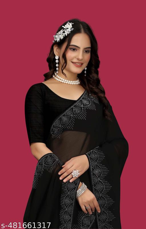 Black Latest Emblished Hotfix Diamond saree | Georgette saree | stone saree |Party Wear Saree | wedding saree |Best quality | M-Trusted saree| saree Daily wear saree | Saree with Unstiched blouse