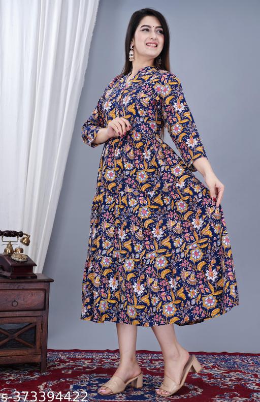 Women's Stylish Full Flair Anrakali Rayon Jaipur printed  Blue Kurta