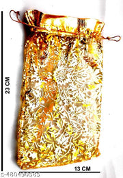 3A Featuretail 25 Pc Net Fabric Drawstring Pouches for Dry Fruits/Small Gifts, Jewellery Packing | Organza Shagun Potli, Wedding or Return Gifts Potli Bags (Red and Golden Printed, 23Cm X 13Cm)