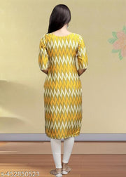 Casual American Crepe Round-Neck 3/4 Length Sleeves Geometric Printed Straight Yellow  Kurti (45"Inches)