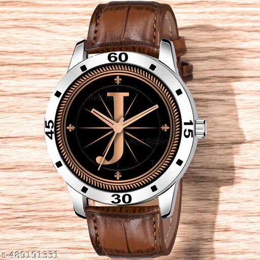 Sky Mart  Analog Round Black Dial ALPHABET J Design Stylish Brown Leather Strap Classic Design Fancy Wrist Watch for Men and Boys, Pack of 1 - ALPHA-J-AVO-SIL-DBRW-CRL