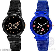 Queen Dial Black combo Luxury Mesh Magnet Buckle Watches For girls Fashion Mysterious Lady Analog Watch for girls and women For Girls pack of 2