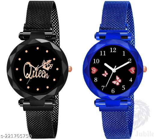 Queen Dial Black combo Luxury Mesh Magnet Buckle Watches For girls Fashion Mysterious Lady Analog Watch for girls and women For Girls pack of 2