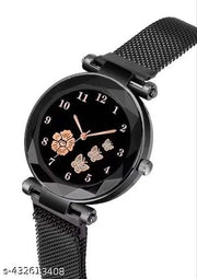 New Best Quality Flower Design Magnet Belt Analog Girl Watch With Free Black Digital LED Smart Watch For Kids And Watch For Women