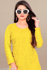 Trendy Light Yellow Designer Net Kurti | Light Yellow Net Kurti for Women | Designer Embroidered Partywear Kurti