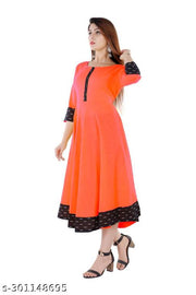 HF HOLYDAY FASHION Cotton Plain and Solid Printed Black Border Anarkali Style Kurti Kurta For Women Latest Design Ladies Dresses Top Round Neck Flared Stylish Party Wear Readymade Frock Fancy Girls Dress 3/4 Sleeve Knee Length Casual Kurtis