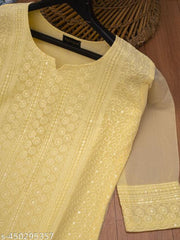 Latest Chikankari Kurti For Women Stylish (Plus Size Kurti, Long Kurti) / Yellow Kurti