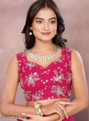 Women's Pink Georgette Saree with Heavy Silver Floral Embroidered Blouse Piece