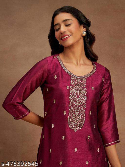 Designer Silk Blend Straight Kurta || Women Embroidered Silk Blend Straight Kurta ||