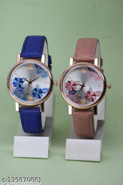 GORGEOUS FLOWER DESING LATHER ANALOG WATCH FOR GIRLS AND WOMEN COMBO (PACK OF 2)
