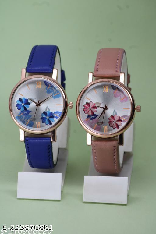 GORGEOUS FLOWER DESING LATHER ANALOG WATCH FOR GIRLS AND WOMEN COMBO (PACK OF 2)