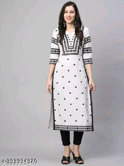 Women Embroidered Cotton Blend Straight Kurta white kurti
