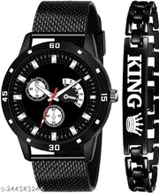 NEW ARRIVAL BLACK KING BRACELET WITH BLACK DIAL AND MESH STRAP SPORTY LOOK ANALOG WITH QUARTZ WATCH
