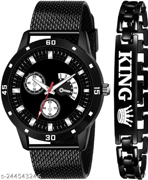 NEW ARRIVAL BLACK KING BRACELET WITH BLACK DIAL AND MESH STRAP SPORTY LOOK ANALOG WITH QUARTZ WATCH