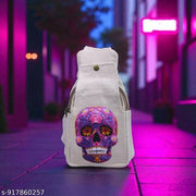 Off-White Cotton Canvas Sling Bag with Purple Floral Sugar Skull Print | Eco-Friendly Crossbody Shoulder Bag for Travel, College, Festivals & Daily Use