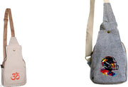 Grey & Off White Canvas Sling Bag for Women & Men | Helmet Rider Graphic & Om Print Crossbody Bag | Adjustable Shoulder Messenger Bag for Travel College Office Daily Use
