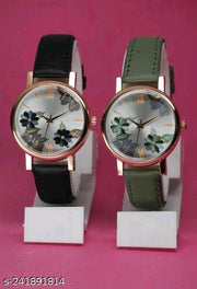 Best Quality Flower Designer Round Dial Attractive Leather Belt Women Watches Combo Pack of 2