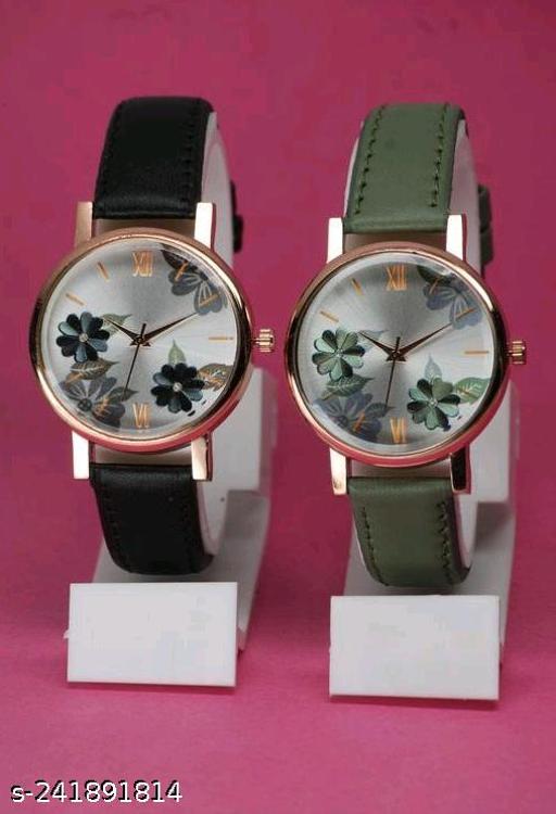 Best Quality Flower Designer Round Dial Attractive Leather Belt Women Watches Combo Pack of 2