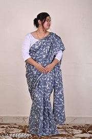 THE LIVING CRAFT Jaipuri Hand Block Printed Soft Cotton Mulmul Saree ,latest cotton mulmul saree,Sanganeri Cotton Malmal Saree, Bagru Cotton Saree, Batic / Batik Print Cotton saree In Super Fine 92*80 Fabric Quality With Attached Blouse Piece for Woman