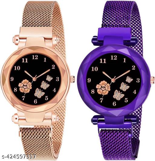Pack Of 2 Black Flower Printed Dial Luxury Magnetic Strap Girls Analog Watch