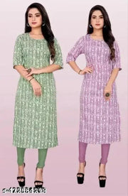 (Pack of 2) Floral Print Round-neck Kurti For Women And Girls