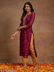 Designer Silk Blend Straight Kurta || Women Embroidered Silk Blend Straight Kurta ||
