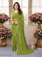 Women's Bollywood Leheriya Printed Green Georgette Saree