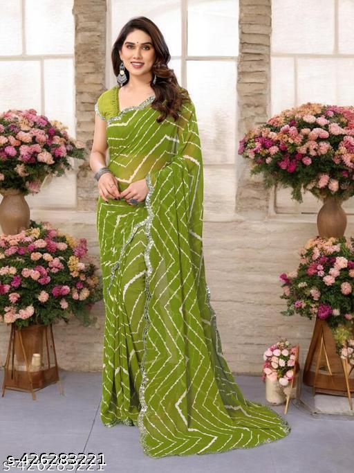 Women's Bollywood Leheriya Printed Green Georgette Saree