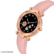 New Stylish Analog New Flower Print Dial Lathers Strap Girls and Womans Watches(pink&black)