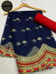 Ikat Embroidered Heavy Work Net Saree With Blouse (Navy Blue)