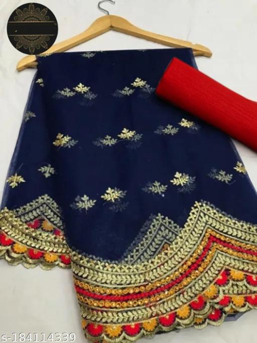 Ikat Embroidered Heavy Work Net Saree With Blouse (Navy Blue)