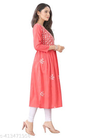 Women Embroidered Cotton Rayon Flared  Kurta  Anarkali Kurti Peach