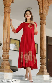 Women Red & Golden Block Print Anarkali Kurta
