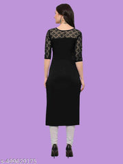 Casual American Crepe And Net Round-Neck 3/4 Length Sleeve Black Kurti (45"Inches)