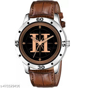 Prathshya Analog Round Black Dial ALPHABET H Design Stylish Brown Leather Strap Classic Design Fancy Wrist Watch for Men and Boys, Pack of 1 - ALPHA-H-AVO-SIL-DBRW-CRL