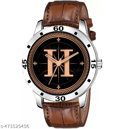 Prathshya Analog Round Black Dial ALPHABET H Design Stylish Brown Leather Strap Classic Design Fancy Wrist Watch for Men and Boys, Pack of 1 - ALPHA-H-AVO-SIL-DBRW-CRL