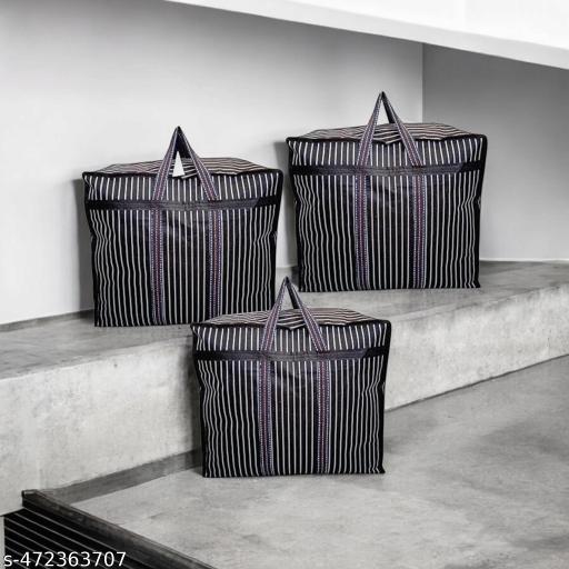 Multipurpose medium size Heavy Duty Toy Clothes Files Picnic Shopping Storage Organizer Grocery Vegetable Canvas Bag with Strong Handles and Strong Base with Storage Covers Zip (Black -Pack of 3)