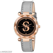 Skoal Analog Round Black Dial ALPHABET S Design Stylish Grey Leather Strap Classic Design Fancy Wrist Watch for Women and Girls, Pack of 1 - ALPHA-S-GEN-RG-GRY-L