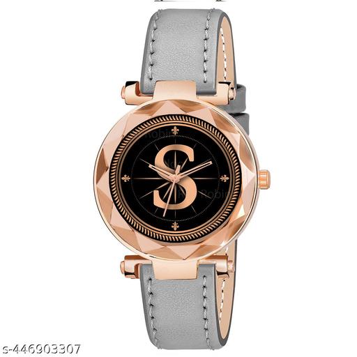 Skoal Analog Round Black Dial ALPHABET S Design Stylish Grey Leather Strap Classic Design Fancy Wrist Watch for Women and Girls, Pack of 1 - ALPHA-S-GEN-RG-GRY-L