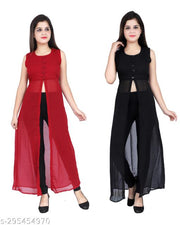 Shimao women Georgette round neck kurti (Black and Maroon)