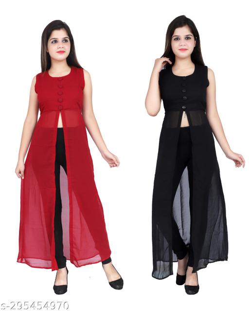 Shimao women Georgette round neck kurti (Black and Maroon)