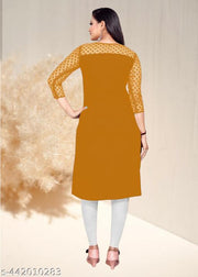 Casual American Crepe And Net Round-Neck 3/4 Length Sleeve Yellow Kurti (45"Inches)