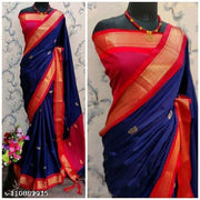 Kasvi Paithani Cotton Silk Saree With Contrast Blouse Piece (Navy & Red)